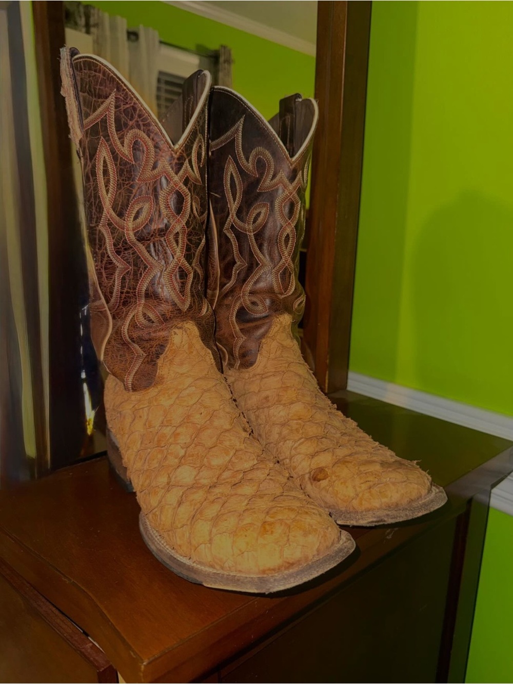 Brown and Tan Textured Fish Skin Cowboy Cavenders Boots